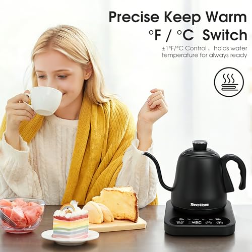 REXYHOME Matte Black 316L Stainless Steel Gooseneck Electric Kettle with Temperature Control