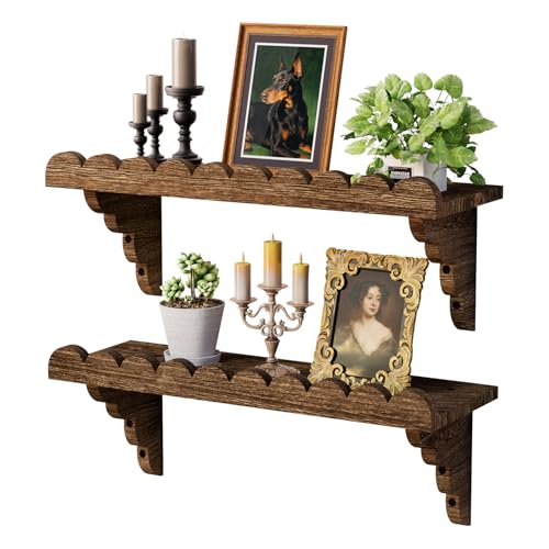 17-Inch Scalloped Floating Wall Shelf, Rustic Solid Wood Display Ledge