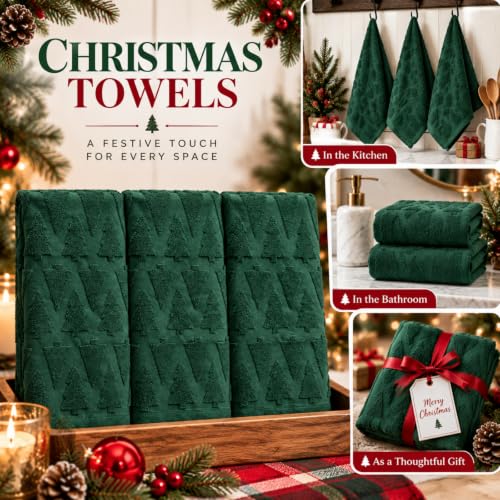 Hahafelt Christmas Tree Hand Towels Set - Dark Green, 3pcs, Cotton Bathroom Decor