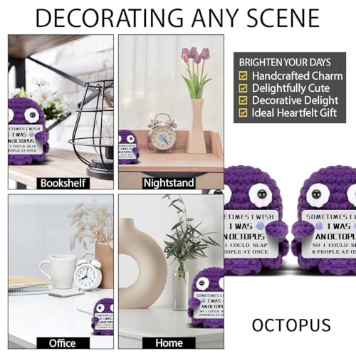Mini Crochet Octopus Desk Decor with Motivational Card, Purple Gift