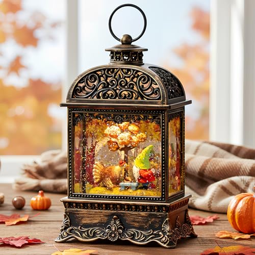 Fall Gnome Snow Globe Lantern with Swirling Glitter - Lighted Thanksgiving Decor