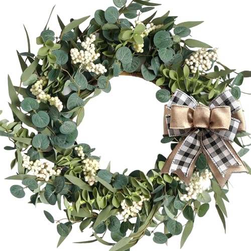 20-Inch Artificial Eucalyptus Wreath with Burlap Bow for Front Door Decor