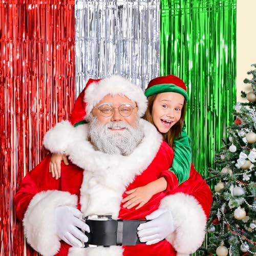 LOLStar 3 Pack Christmas Foil Fringe Curtains 3.3x6.6 ft Red Silver Green Holiday Party Decor