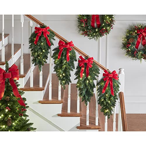 Set of 4 Pre-Lit Christmas Stair Swags with LED Lights and Plaid Bows