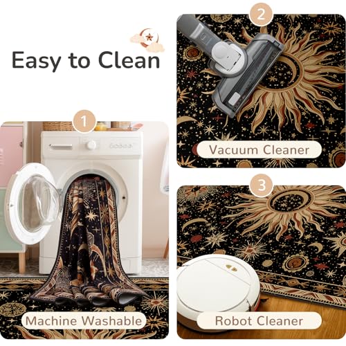 Sun and Moon Boho Area Rug 5x7, Washable Non-Slip Low Pile Gothic Floor Mat