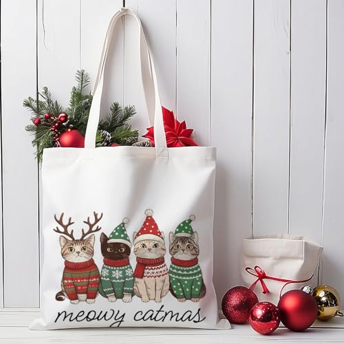 Christmas Tote Bag Reindeer Santa Kitty Canvas Shopping Bag for Women Men - Funny Holiday Gift