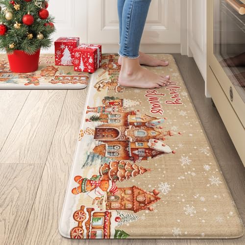 2-Piece Christmas Gingerbread House Anti-Fatigue Kitchen Standing Mat Set