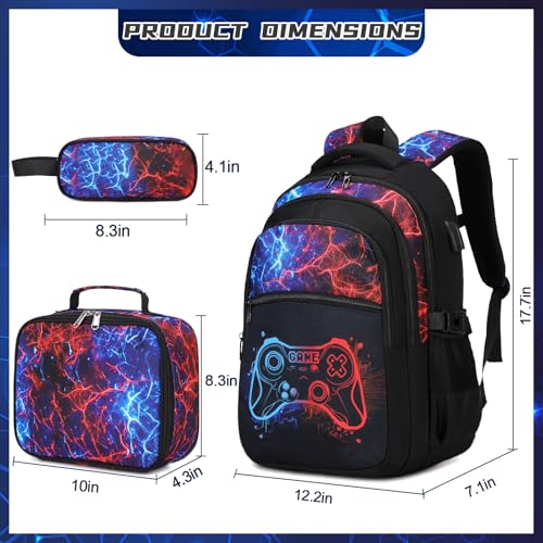 Boys Luminous Gamer School Backpack 3-Piece Set with Lunch Box & USB Port