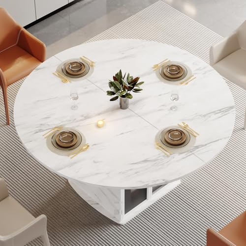 47-Inch Round Faux Marble Dining Table with Storage Cabinet and Fridge Space