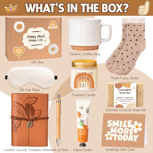 Brown Gift Basket for Women - 9pcs Happy Birthday & Holiday Gifts Set with Mug