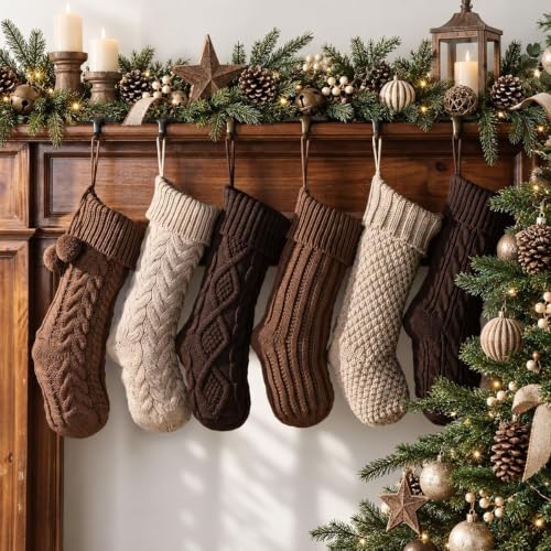 18 Inch Christmas Stockings Set of 6 - Neutral Earth Tone Cable Knit; White Brown Beige