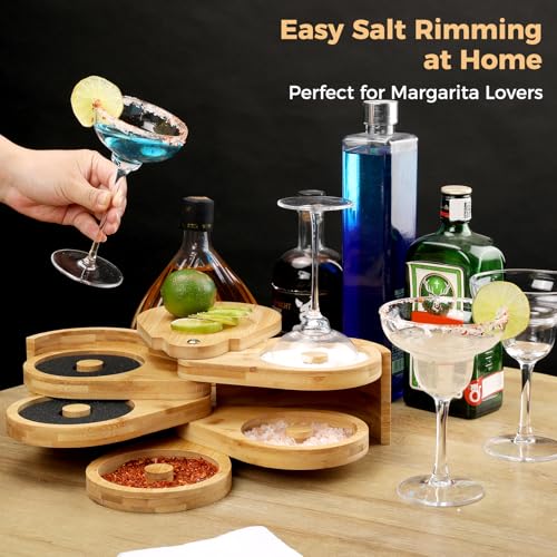Bamboo Margarita Salt Rimmer Set with Rotating Tray & Sponges – Cocktail & Party Condiment Organizer
