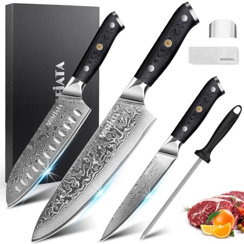 MOSFiATA 3-Piece Damascus Chef Knife Set VG-10 Steel with Gift Box, Includes 8" Chef, 7" Santoku & 5" Utility Knives