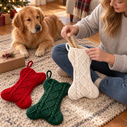 Bone-Shaped Dog Christmas Stocking 3-Pack with Cable Knit, Large 16.5 x 9.6 in