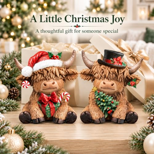 Karenhi 2-Pack Christmas Highland Cow Figurines Decor for Home & Office
