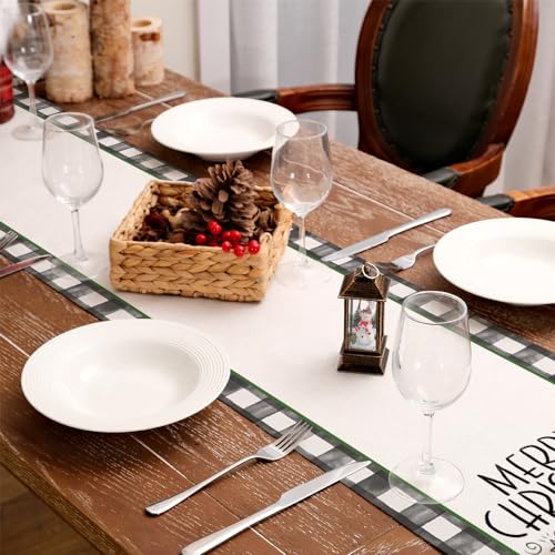 ARKENY Merry Christmas Buffalo Plaid Table Runner 13x72in - Green, Indoor/Outdoor
