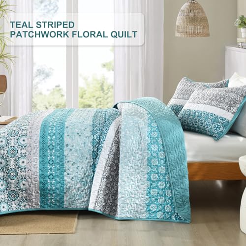 Teal Boho Queen Quilt Set - 3-Piece Floral Striped Microfiber Bedspread