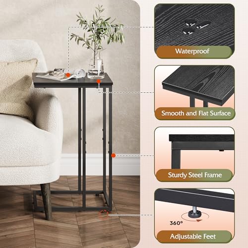 C-Shaped 2-Tier End Table for Sofa and Bedside, Black Metal TV Tray