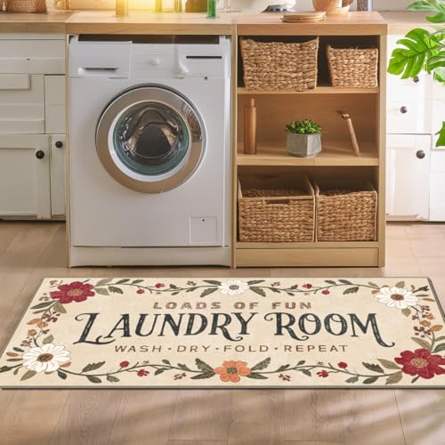 Washable Laundry Room Runner Rug, 20x47 Floral Non-Slip Low-Pile Mat