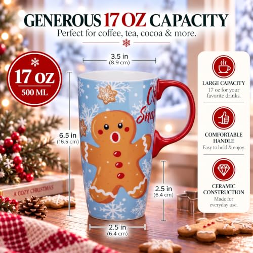 Topadorn Light Blue Christmas Ceramic Travel Mug with Gingerbread Man Lid 17oz