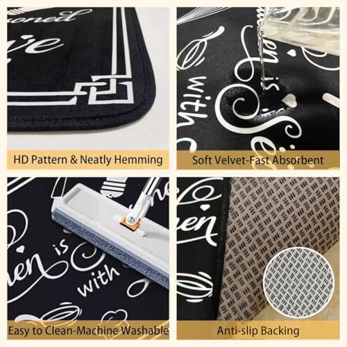 Black and White Kitchen Rug Set, 2-Piece Cushioned Non-Slip Runner Mats