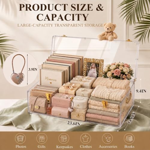 Large Clear Acrylic Keepsake Trunk with Heart Lock - 24-Inch Memory Chest