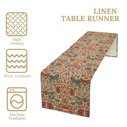 William Morris Floral Table Runner, Retro Abstract Flowers Botanical