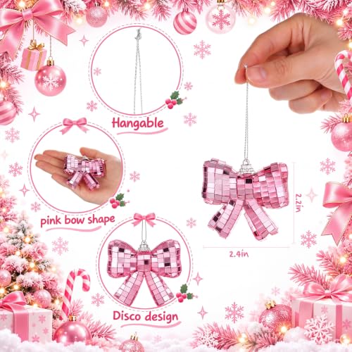 Sosation Pink Bow Christmas Ornaments Set - 12 Shimmering Holiday Decorations