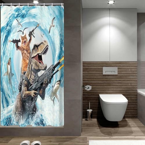 Funny Cat Shower Curtain Set with Dinosaur Ocean Theme - Waterproof Kids Bathroom Decor