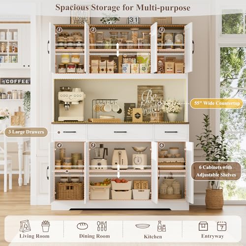 71" Tall Farmhouse Kitchen Pantry Cabinet with Charging Station & Countertop