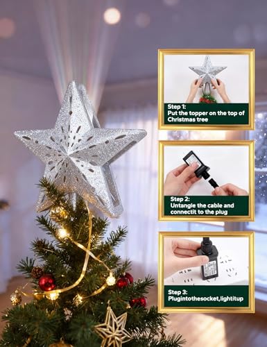 Lighted Christmas Tree Topper - 3D Silver Star with LED Snowflake Projector