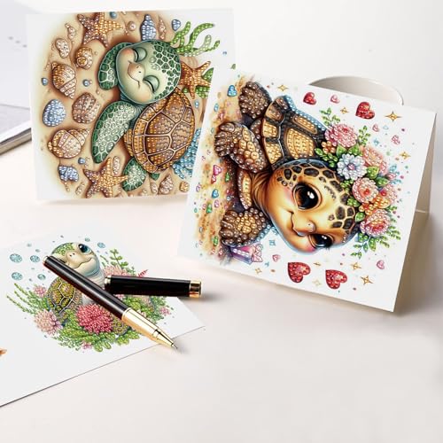 Antor Turtle Diamond Art Greeting Card Kit – 6 Pack with Envelopes, Glue, Pen & Bead Bag