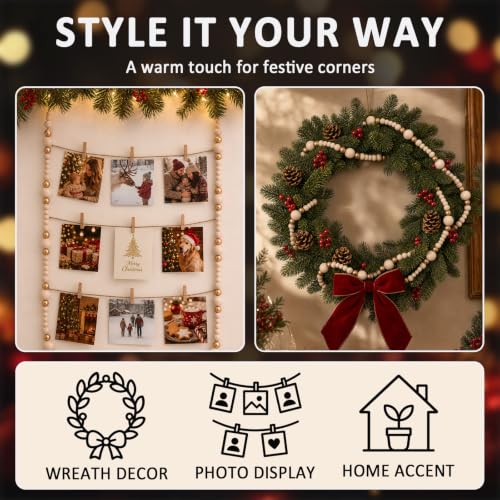 7.2 Ft Gold Wooden Bead Garland for Christmas Decor - Natural Finish