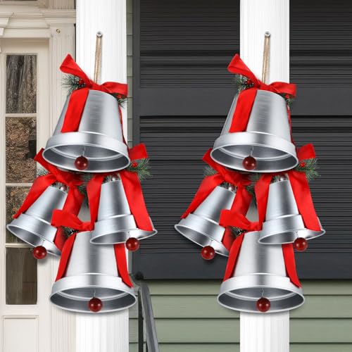 MorningRo Silver 8+6.5in Large Christmas Bells Set for Holiday Decor - Outdoor & Indoor Xmas Ornaments