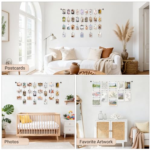 Kids Art Display Hanging Wall Decor with 34 Wooden Clips, 59-Inch Rope