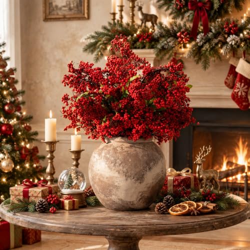 Tigeen 18 Pcs Artificial Red Berry Stems - Christmas Holly Branches, 18", Variation: Red Berry