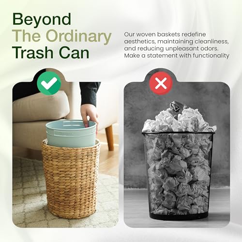 Handwoven Water Hyacinth Bathroom Garbage Can with Lid, 2 Gallon Wicker Bin