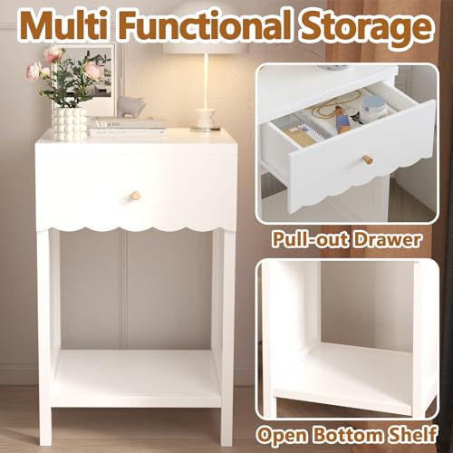 Scalloped White Nightstand with Drawer and Open Storage Shelf