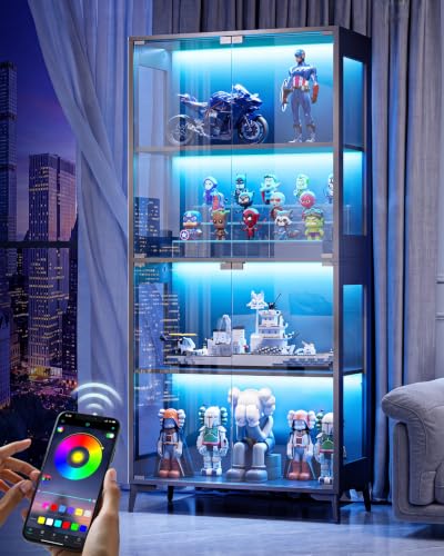 Zephome Black & Glass Double Door Display Cabinet with RGB LED Lights & Adjustable Shelves