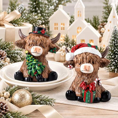 Karenhi 2-Pack Christmas Highland Cow Figurines Decor for Home & Office