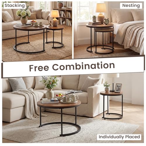 Nesting Coffee Table Set of 2, Round Wooden Stacking End Tables