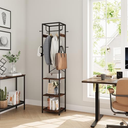 Industrial Freestanding Hall Tree with 3 Shelves and 12 Hooks, Rustic Brown