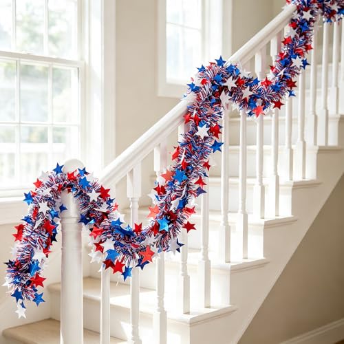 Patriotic 4th of July Tinsel Garland - 50ft Red White & Blue Metallic Decor