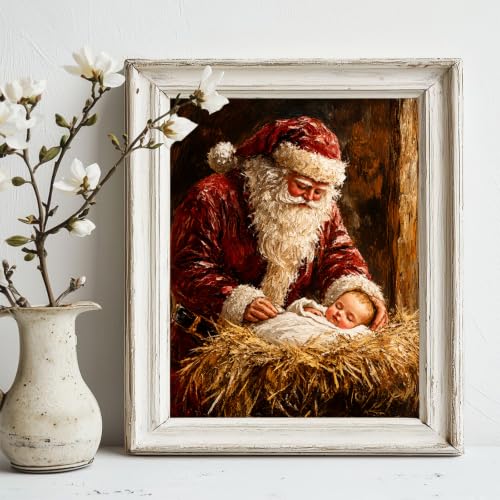 XOCUUI 8x10 Santa with Sleeping Baby Nativity Canvas Print - Framed? Unframed Holiday Wall Art