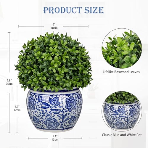 Artificial Boxwood Topiary Ball in Blue and White Ceramic Pot 10-Inch