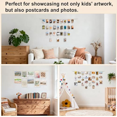 Kids Artwork Wall Display, Boho Wooden Bead Garland with 34 Clips
