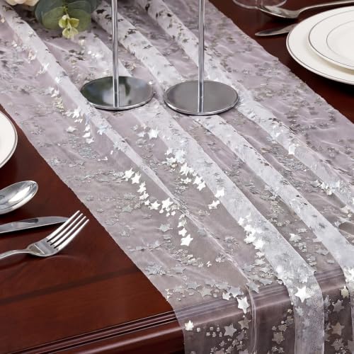 6 Pcs Silver Star Table Runner Set - 11x118in Organza Glitter Chiffon, Shihanee Classic