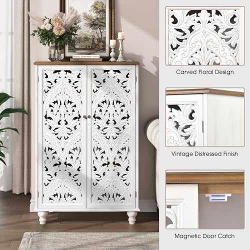 JOINICE 47-Inch Distressed White Tall Accent Cabinet with Carved Doors & Storage