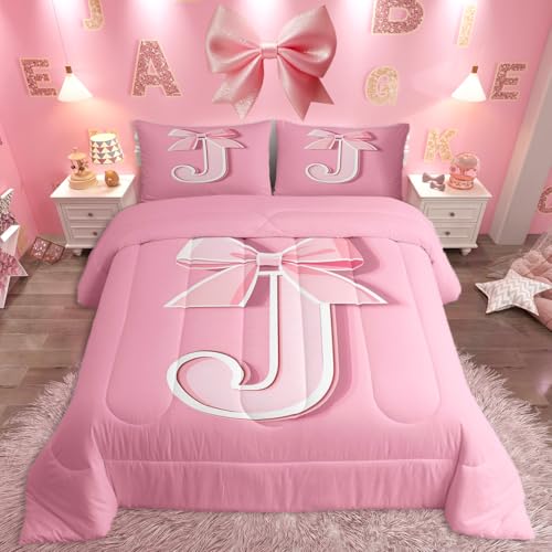 jejeloiu Pink Bowknot Bedding Set, King Size, Decor Personalized Teen Girl Gifts Ultra Soft Initial Letter J Bedding Set, Girly Romantic Comforter Kawaii Pink,Duvet Set Room Decor Quilt Set