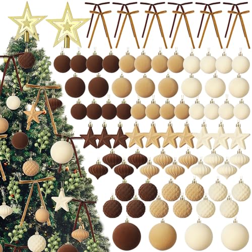 Hollowfly 95-Piece Velvet Christmas Ornament Set in Coffee Brown Beige – Includes 48 Velvet Balls, 12 Glitter Berry Stems, 12 Flocking Bows, 12 Lantern Balls, 10 Stars, Top Star